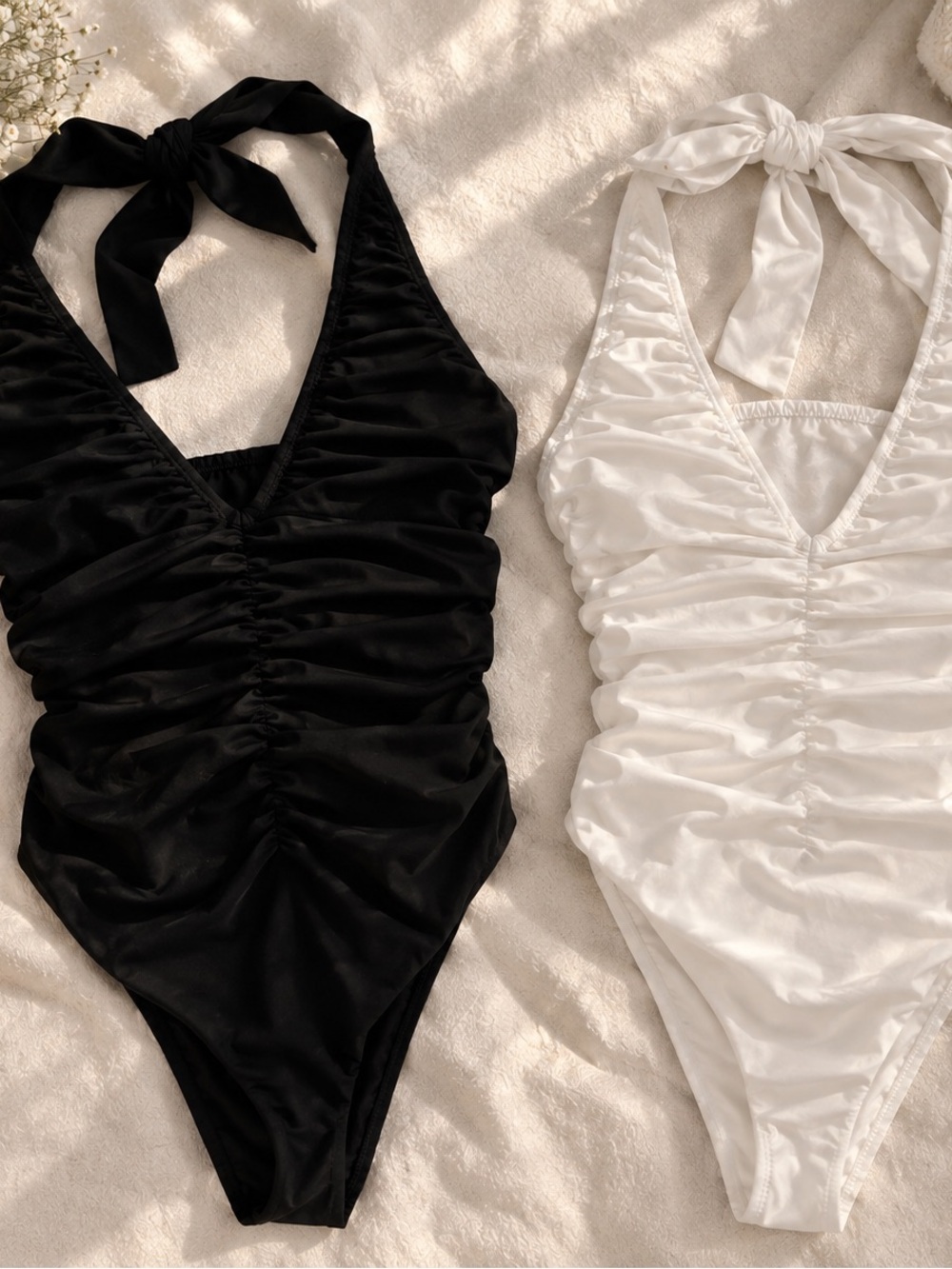 SHEIN Black & White Ruched Halter Bodysuits